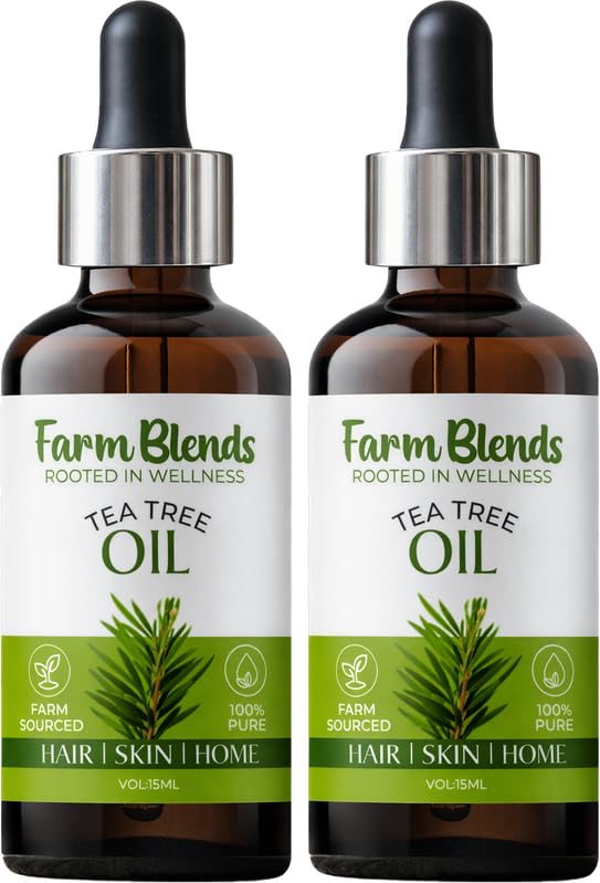 Image of Farm Blends Tea Tree Essential Oil 100% Undiluted Pure | Anti Dandruff, Anti Acne, Beard Care, Anti-Blemish, Boosts Energy, Diffuser | Farm To Home | Natural Australian | Melaleuca alternifolia|15ML + 15ML (Pack of 2)