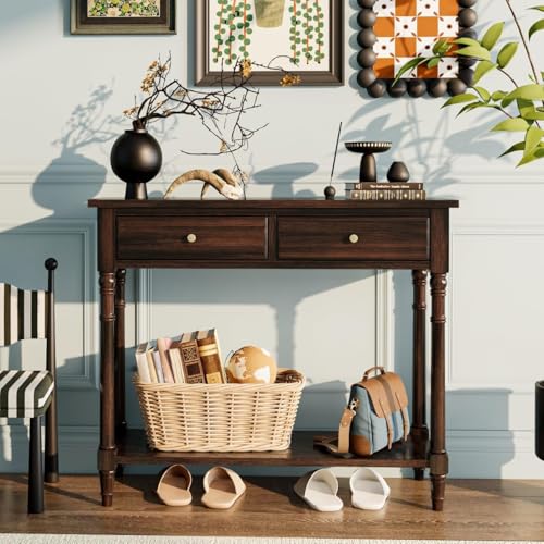 PADMA HOUSE Console Meuble en Bois Massif avec 2 tiroirs Table Console avec étagère de Console d'entrée de Hall d'entrée étroite pour 2 Niveaux Table...