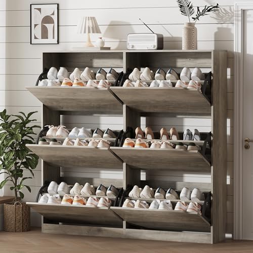 Image of Xixini Shoe Storage Cabinet for Entryway with 6 Flip Drawers, Sturdy Wood Hidden Shoe Storage, Freestanding Narrow Slim Shoe Organizer for Front Door Entrance, Living Room, Hallway, Bedroom, Grey