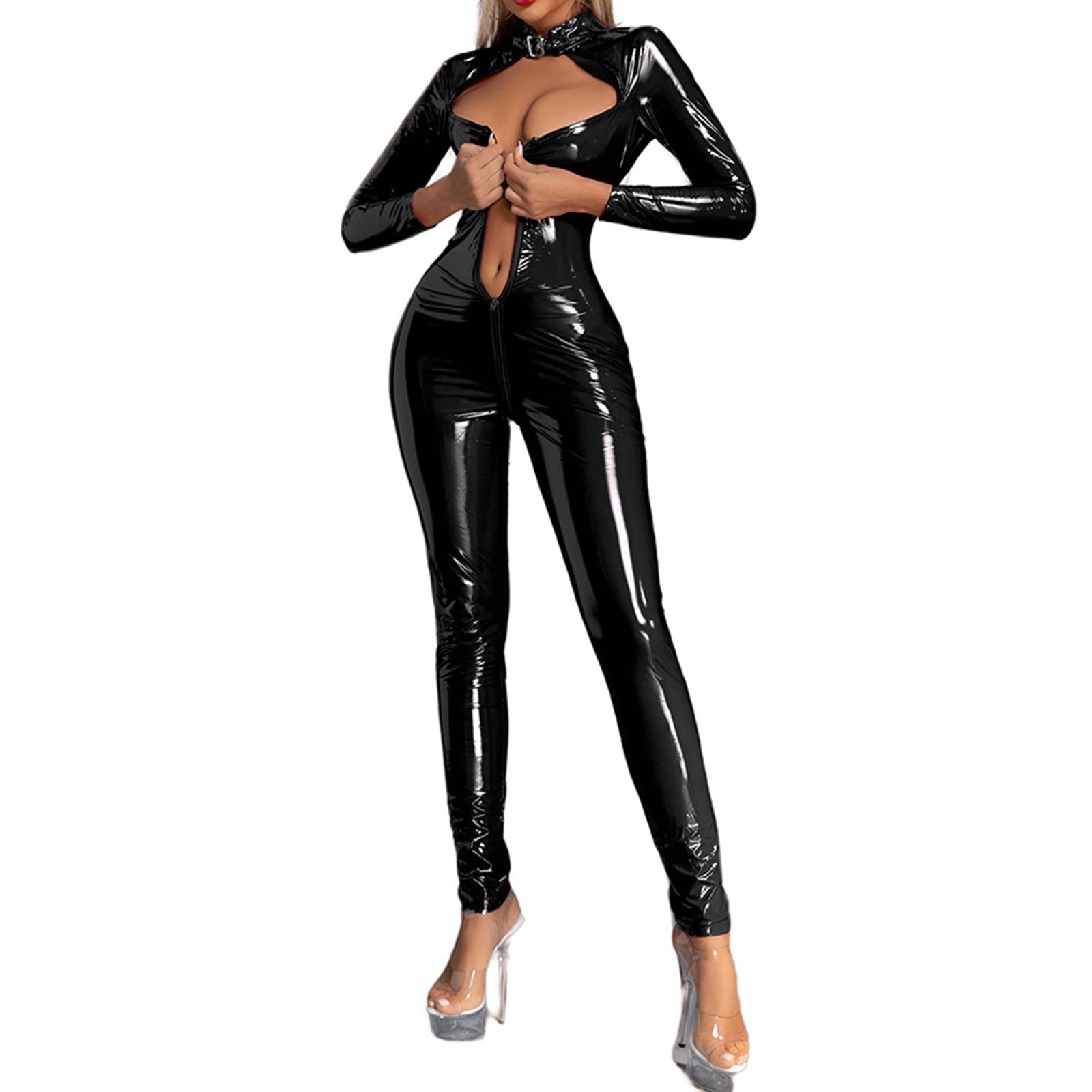 Generisch Wetlook, tuta da donna in lattice, sexy, per clubwear, laccato, tessuto lucido, in pelle laccata, slim fit, costume da club