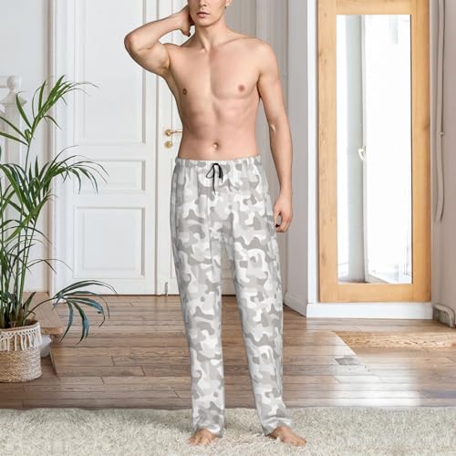 Mens Pajama Pants - Light Gray Camouflage Print Soft Sleep Lounge Pants For Men, Casual Pj Bottoms With Pockets2
