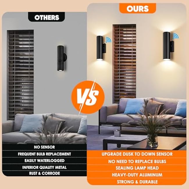 2-Pack LED Outdoor Wall Light Fixtures, 12W Modern 2700K Wall Mount Black