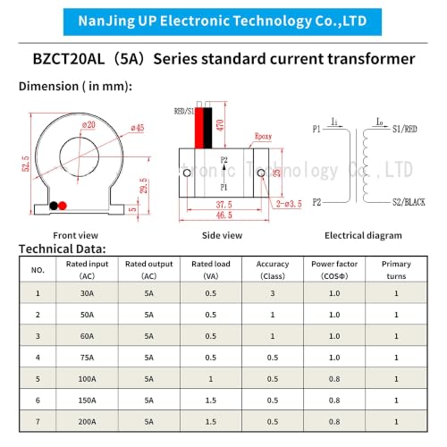 Transformador de corriente BZCT20AGL CA 75A/5A de tipo anillo para mediciones de bajo voltaje 4
