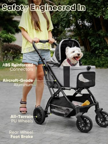 Image of Small Dog Stroller, Pet Stroller for Small Dogs, 5-in-1 Dog Strollers - Fold All in One Without Detaching Carrier, Pet Strollers with Removable Waterproof Carrier for Dogs Cats 10 lbs 20 lbs - Grey