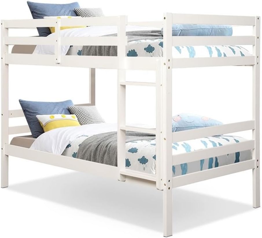 Pemberly Row Twin Over Twin Wood Bunk Bed, Pine and Plywood Frame, White Finish, 78 x 42.5 x 60 in, Space-Saving Design, Safety Guardrails, Ladder, Storage Underneath, Durable Kids Bedroom Furniture
