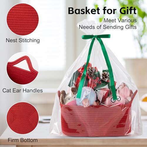 Image of OIAHOMY Woven Basket, Gift Basket Empty with Gift Bags and Ribbons, Rope Baskets for Baby Showers, Storage Baskets with Handles for Nursery, Pet Toy Organizer - Red