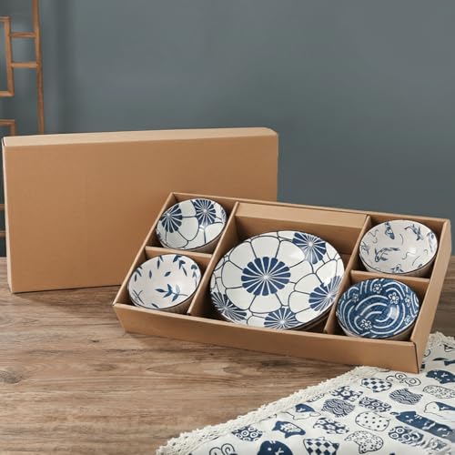 Image of 6-Piece Ceramic Dinner Set, 2 Plates & 4 Bowls, Microwave Safe, Dishwasher Safe, Floral Dinnerware (Blue White Floral, 2 Plate & 4 Bowl Set)