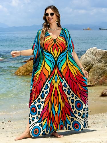 Image of sunforyou Kaftan Dresses for Women Plus Size Lightweight Swimsuit Cover up Batwing Sleeve Print Loungewear Beach Robe