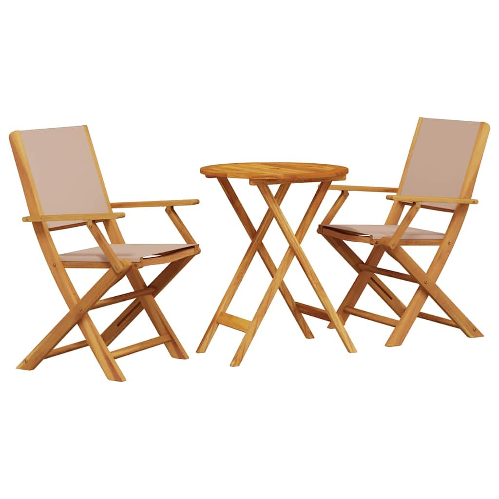 Set Bistro 3 Pezzi Tortora Acacia Massiccio Pieghevole | Robusto legno di acacia resistente alle intemperie, schienale in legno piatto, capacità 110 kg per seduta