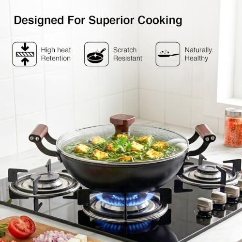 Image of Prestige Nitride Lightweight Cast Iron Kadai 20cm /1.4L with Glass Lid | Castlite Series | High Heat Retention & Rust-Proof | Enamel Coated | Gas & Induction Compatible | 15Y Product Warranty