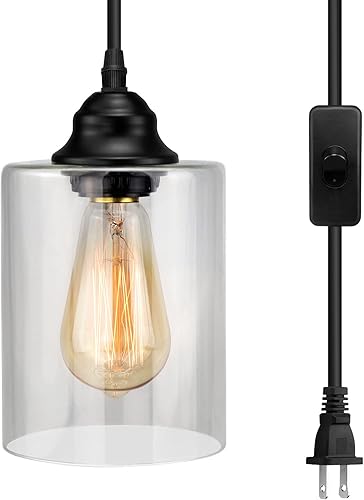 Lámpara colgante de cristal con enchufe de 1 luz, mini iluminación colgante industrial con pantalla de vidrio, lámpara colgante ajustable de granja