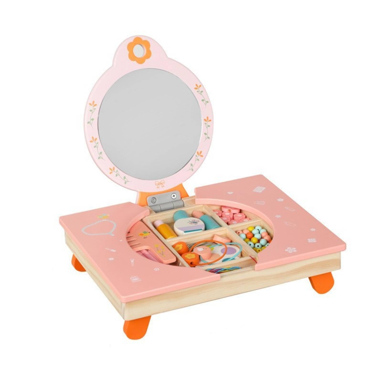 Tocador Infantil Tocador Juguete Niño Tocador con Espejo Tocador de Madera con Cajones con Espejo Redondo Abatible y Base Baja con Interior Dividido