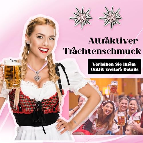 TOWLEING 4 Stück Trachtenschmuck Damen Edelweiß Trachtenkette Armband Ohrstecker Dirndl Schmuck Elegantes Dirndl Schmuck Damen für Dirndl oder Lederhose Hochwertiges Trachtenschmuck Set