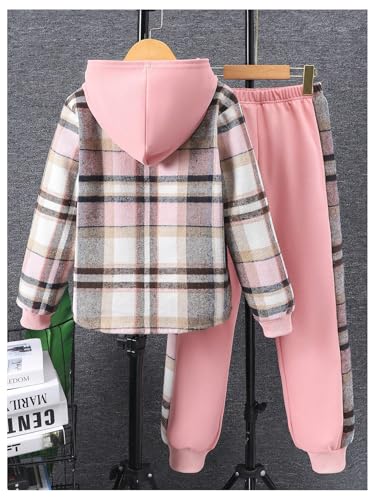 Image of SweatyRocks Girl's 2 Piece Outfits Plaid Button Down Hooded Jacket and Elastic Waist Sweatpants Workout Set
