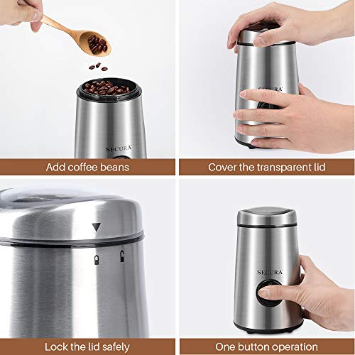 Secura Electric Spice Grinder and Coffee Grinder with Stainless Steel Blades, 2.12 Ounce, for Grinding Coffee, Spice, Nuts, Herbs, Pepper