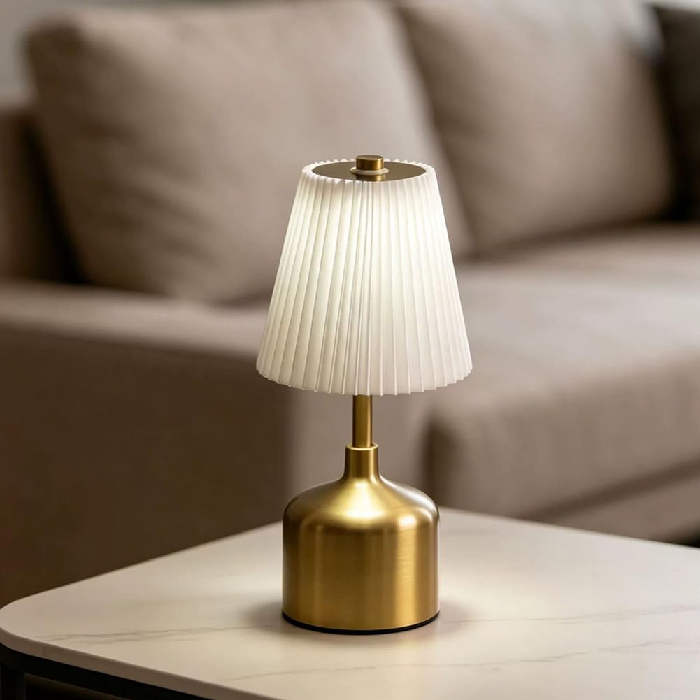 LED Akku Tischleuchte Kabellos Plissiertem Stoff Schirm Nachttischlampe Batteriebetrieben USB Aufladung Tragbar Tischlampe Innen Gold Metall für Nachttisch Schlafzimmer Lesen
