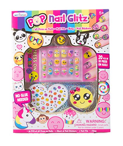 Hot Focus Pop Nail Glitz - 3D Emoji Nail Art Kit for Girls - 53 Piece Set Includes 3D Press on Nails, Nail Stickers, Nail File and Ring