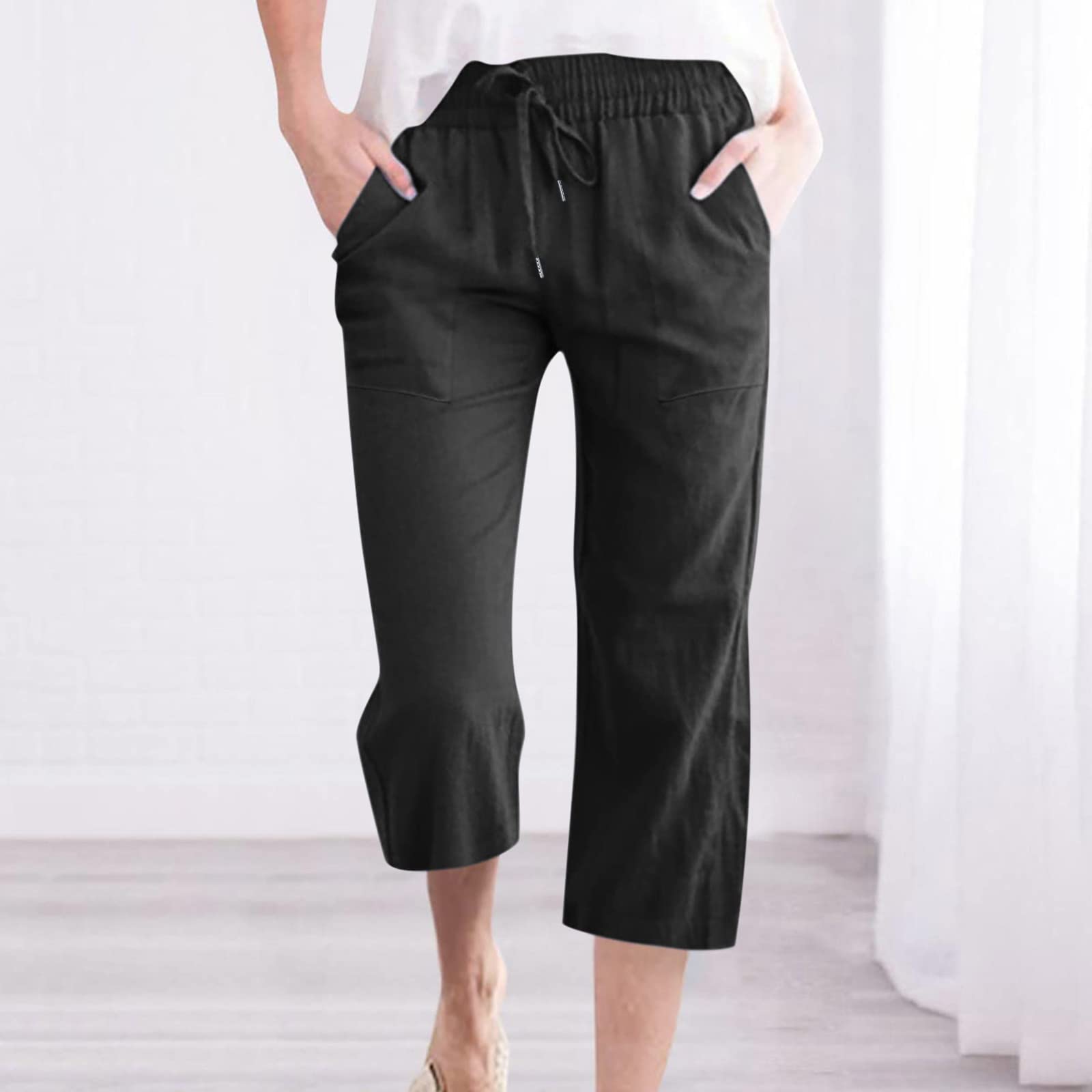 Linen Capri Pants for Women 2026 Cotton Linen Casual Summer Straight Wide Leg Loose Drawstring Elastic Waist Cropped — view 2