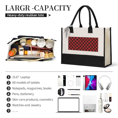 Red Black Lumberjack Buffalo Plaid Eco-Friendly Canvas Tote Bag - Reusable Shopping Bag For Travel, Beach, Gym & Gifts3