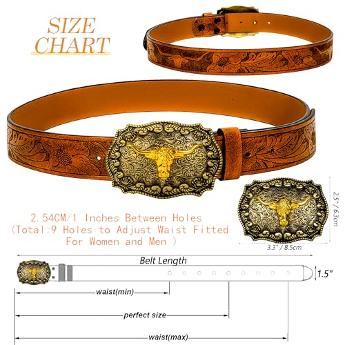 Image of UTOWO Rodeo Western-Longhorn-Bull Cowboy-Belt for Women-Men Bull-Floral-Embossed PU-Leather Cowgirl Waist Belt for Jeans