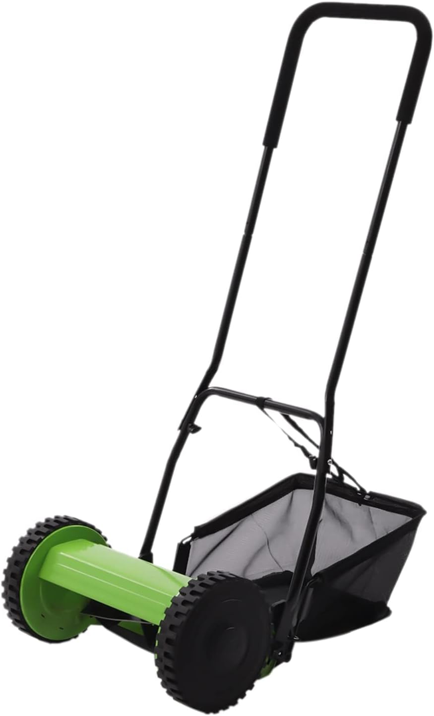 12-Inch Push Reel Lawn Mower, 5 Steel Blades Manual Lawn Mower, Adjustable Heights Grass Catcher Push Outdoor Power Tools for Garden Yard Parks, Green