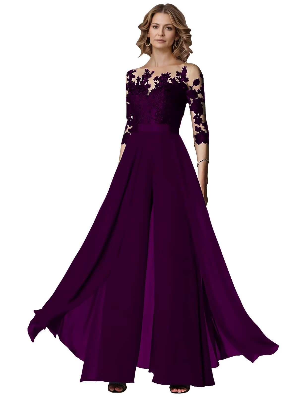 Formal Elegant Mother of The Bride Wedding Pant Suits with 3/4 Long Sleeve Evening Jumpsuits Set for Women