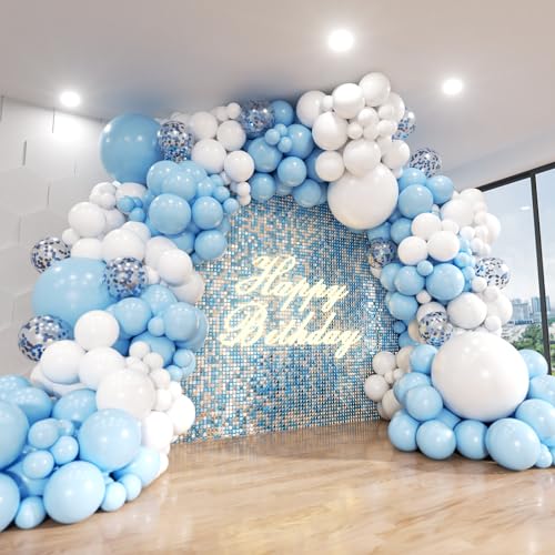 Blue and White Balloon Arch Kit, ADOINBY 140Pcs Pastel Light Blue and White Balloon Garland kit, 18 12 10 5 Inch Different Size Balloons for Baby Shower Birthday Gender Reveal Anniversary Decorations