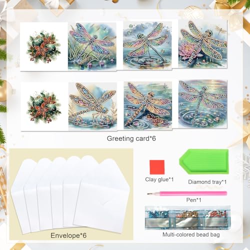 Image of 6 Pcs 5D Diamond Painting Greeting Cards Kits Dragonfly, Handmade Festival Greeting Cards with Envelopes DIY Diamond Art Crafts Birthday Cards Shimmer Design for Birthdays Holidays (30x15cm)