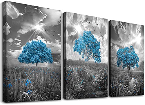Canvas Wall Art Bathroom Decor Bedroom Blue Wall Art Grey Sky Blue Tree Painting Canvas Prints for Living Room Pictures Artwork Bathroom Wall Decor Scenery Decorative Framed Abstract Art 12