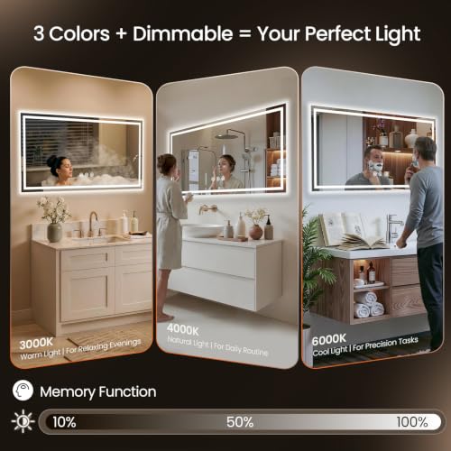 Image of 48x32 LED Bathroom Mirror with Anti-Fog, Backlit & Front Lit, Memory | Stepless Dimmable 3 Color CRI 95+ Shatterproof Tempered Glass ETL Listed for Safety Lighted Bathroom Vanity Mirror for Wall