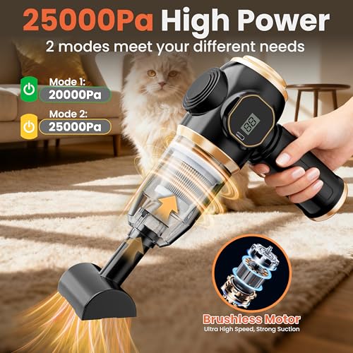 Image of Brushless Motor Portable Cordless Car Vacuum Cleaner - 25000 Pa High Power, LCD Display, Rechargeable Handheld Vacuum for Car, Home, Office | Efficiently Removes Pet Hair, Sofa (Black & Gold)