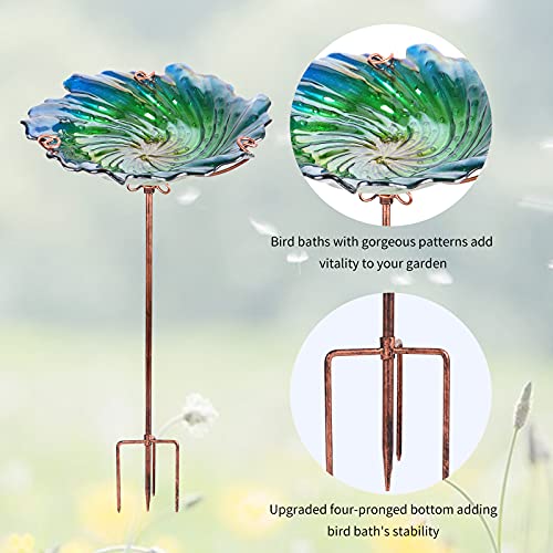 Glass Bird Bath Outdoor Birdbaths Garden Birdfeeder With Metal Stake Green(Height:26Inch) #TOP4