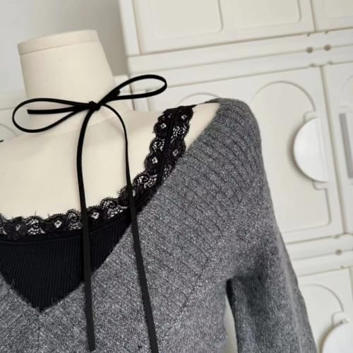 Image of Women Vintage Coquette V-Neck Slim Fit Sweater Y2K Aesthetic Long Sleeve Knitted Pullovers Top