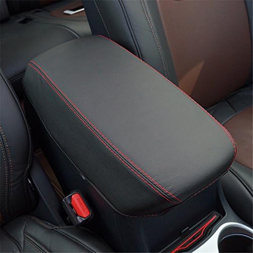 BEHAVE Car Armrest Box Cover Saver,1 Piece Black Cover with Handmade Red Stitches Fit for 2015 2016 2017 2018 Jeep Cherokee,Central Console Armrest Box