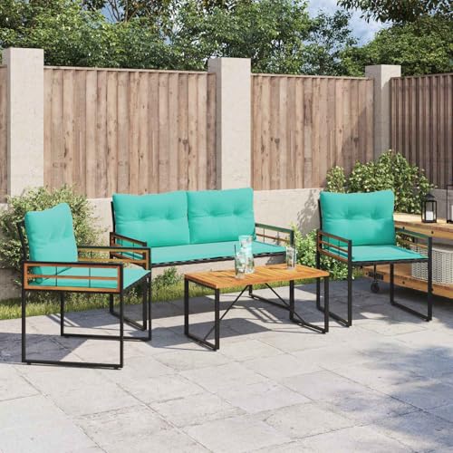 Ordellia Juego de muebles de jardín con cojines de 4 piezas, turquesa, madera de acacia y acero, para terraza, balcón, jardín, duradero, cómodo