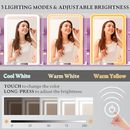 Vanity Desk with LED Lights Mirror & Power Outlet, Small Makeup Vanity Table Set with Storage Drawers & Chair, 3 Lighting Modes & Adjustable Brightness, Dressing Table for Women Girls Bedroom, Purple