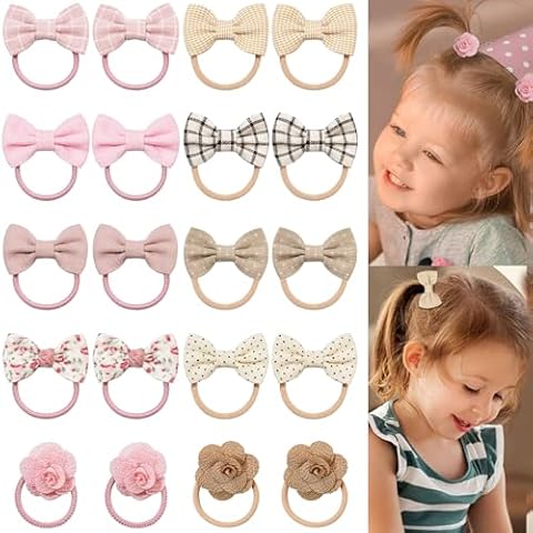 20Pcs Boutique Baby Girl Hair Ties with Flowers Bow, Hair Bow Ties for Toddler Girls, Elastics Ponytail Holders Pigtails Rubber Bands Hair Accessory Cover