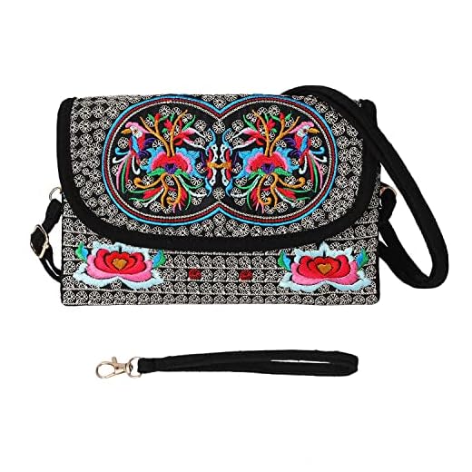 Mini Bolso de Hombro Hippie Bohemio étnico Hobo Crossbody Purse Mujer Bolso de Lona con Correa Ajustable Pequeño Bolso de Mano para niñas Vintage Bordado Flor Monedero Teléfono Monedero