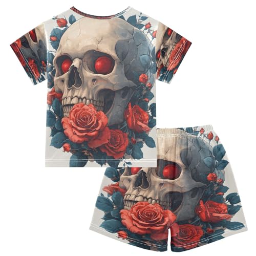 senya Short Sleeve Pajamas Sets Summer Cotton Sleepwear Red Flower Skull2