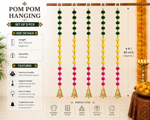 Image of Bindian Pom Pom Beads & Golden Bell Toran for Main Door, Pack of 5 Door Hanging Decorative Items, Home Decor Wall Hanging Decoration, Pooja Room Decor, Festival Decoration