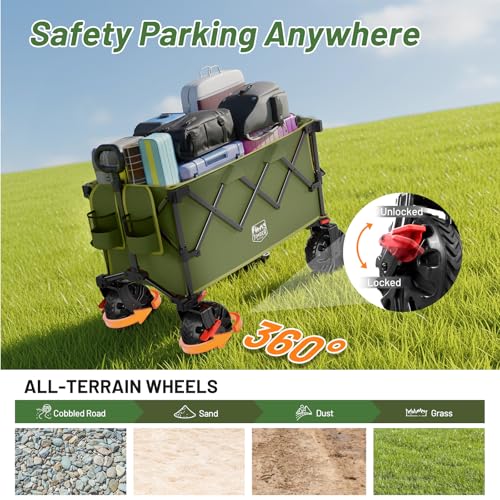 Image of TIMBER RIDGE Outdoor Collapsible Folding Wagon with Brakes and Cup Holders, 500lbs Heavy Duty All Terrain Wheels Utility Cart for Shopping Camping Garden Sports, Green