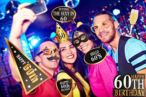 KissDate 24Pcs 60th Birthday Photo Booth Props, Funny DIY Kit for Men Women 60th Birthday Party Supplies Decoration and Favors (Black and Gold)