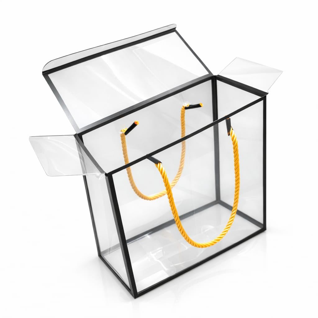 Transparent PVC Gift Hamper Box with Rope Handle, Foldable DIY Flat Pack Reusable Packaging for Diwali, Wedding, Birthday, Dry Fruits & Chocolates (Black, Pack of 5)-image-15