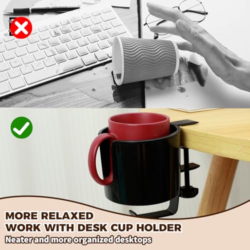 Image of 2 Pack Desk Cup Holder, 2-in-1 Anti-Spill Cup Holder Clamp with Headphone Hanger, Compatible with Most 3.74 inch Coffee Mugs, Water Cups (Black)