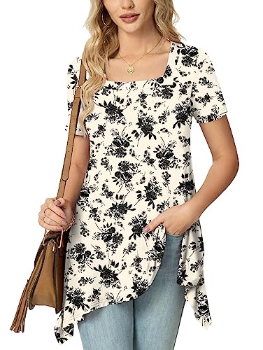 POPYOUNG Ladies Tunic Tops to Wear with Leggings Short Sleeve Floaty Square Neck Blouse Summer Dressy Casual Longline Shirts for Women 3XL, FL Black Flower White