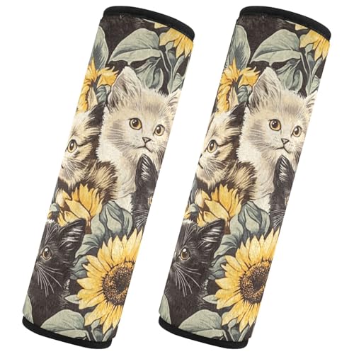 Seat Belt Covers 2 Pack Cute Cats Sunflowers Car Seat Strap Covers Super Soft Funny Car Seat Neck Cover for Boys Girls Adults Babies M