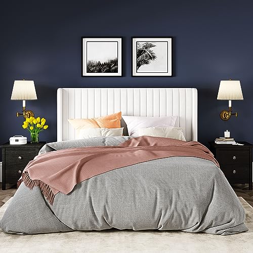 Allewie AK-LE6017-1 Full Size Velvet Bed Frame/Vertical Channel Tufted Wingback Headboard/Upholstered Platform Bed/Strong Wooden Slats/No Box Spring Needed/Easy Assembly/White thumb #2