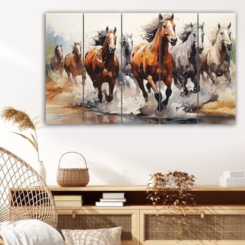 Image of Spacter 7 Horses Wall Painting for Living Room Big Size - 7 Running Horses Painting Vastu for Bedroom, Office, Hotel - Wall Decor Digital Painting Wooden Framed for Gifting (30x60inch)
