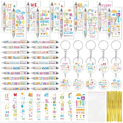 ANGOLIO Christian Inspirational Bible Verses Gifts - 230P Religious Inspirational Bookmarks Colorful Christian Pens Keychains Scripture Stationery Gift for Kids Sunday School Church Classroom Supplies
