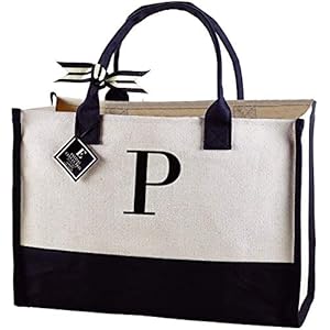 Mud Pie Classic Black and White Initial Canvas Tote Bags (P), 100% Cotton, 17″ x 19″ x 2″